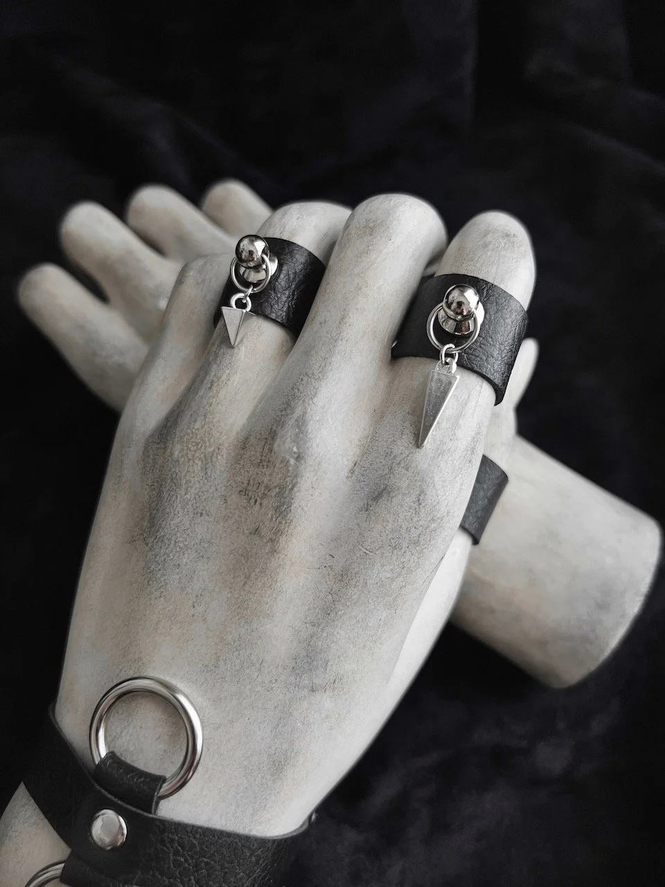 Ring Set - Choice of Mini Or Long Silver Spike Black Vegan Leather